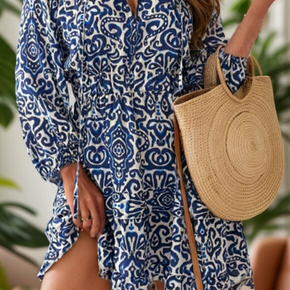 Printed Tie Neck Long Sleeve Dress - Picture 1 of 3